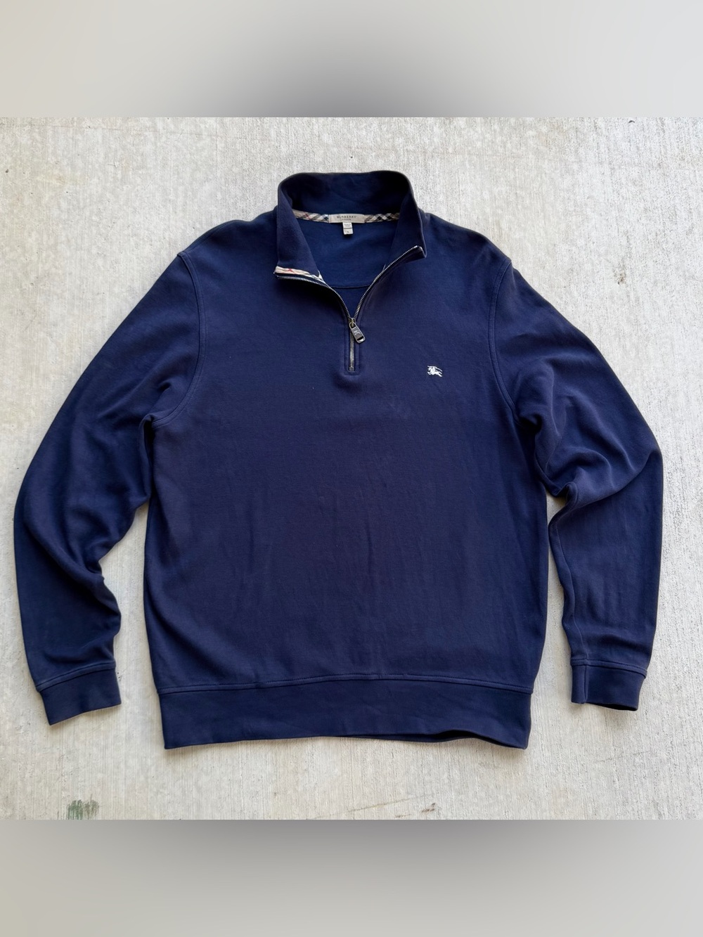 Burberry London 1/4 Zip Sweater Pima Cotton Navy Men Size Large Nova Check Trim